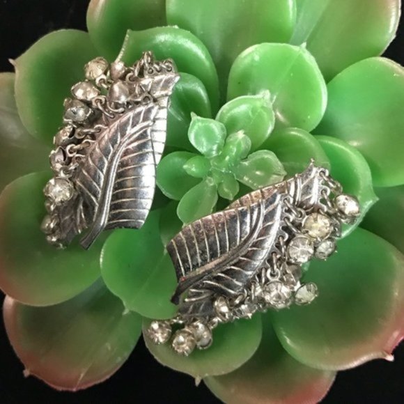 Silver Feather Clip On Earrings with Rhinestones - Picture 3 of 8